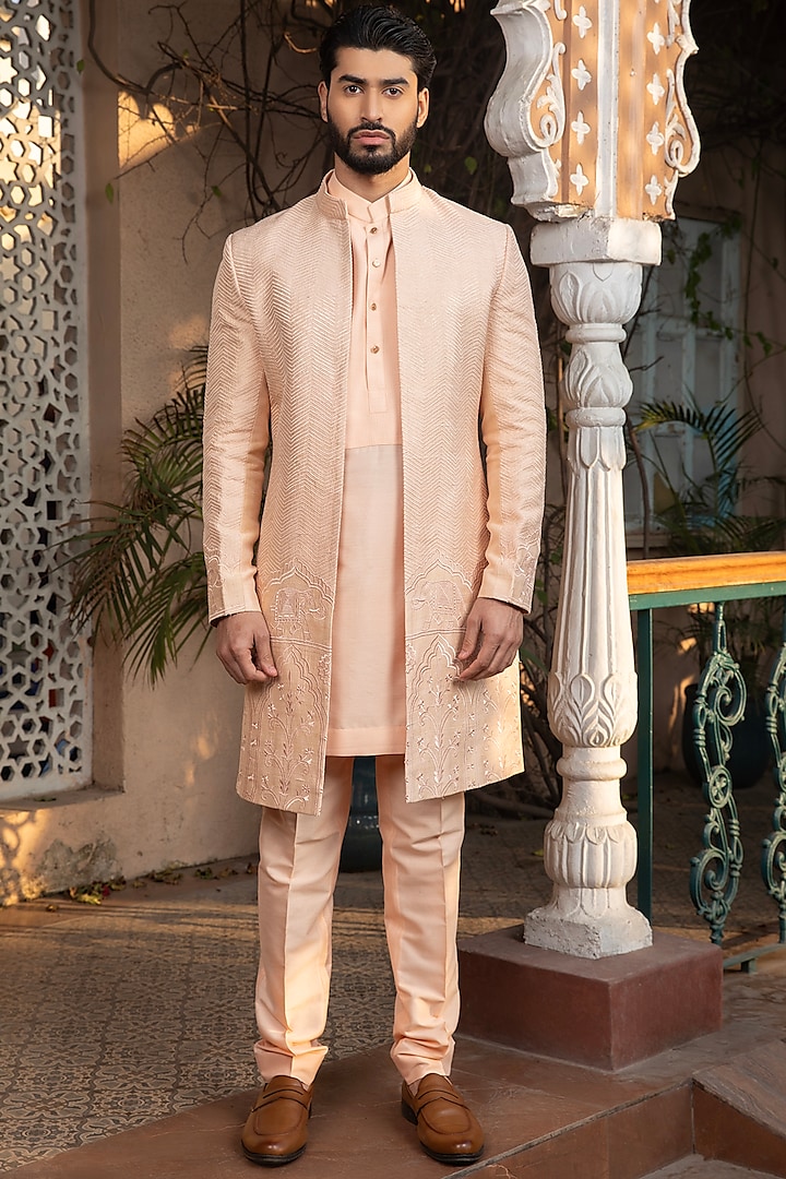 Peach Brocade Fabric Hand Embroidered Indowestern Set by Design O Stitch Men