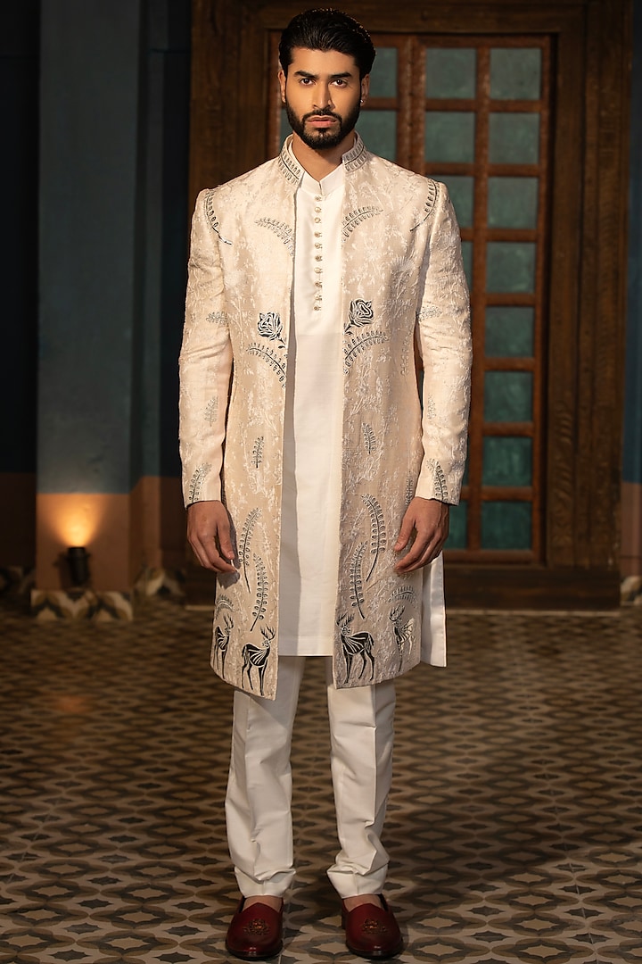 Ivory Silk Leather Work Indowestern Set by Design O Stitch Men