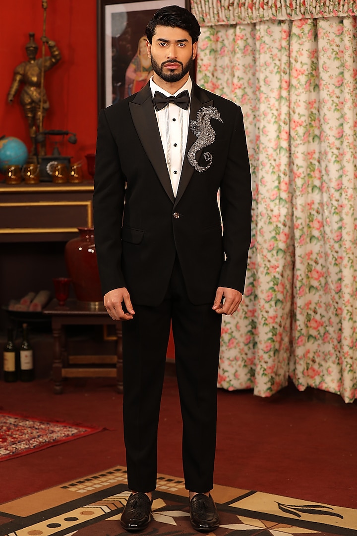 Black Suiting Fabric Embroidered Tuxedo Set by Design O Stitch Men