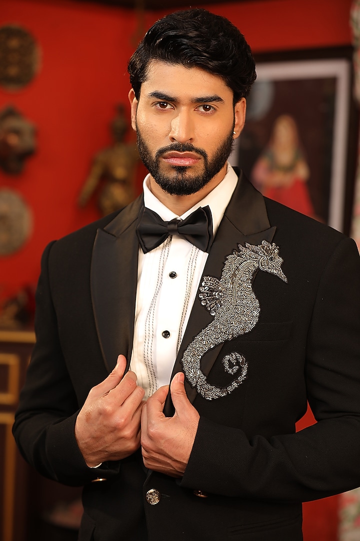 Black Suiting Fabric Embroidered Tuxedo Set by Design O Stitch Men at Pernia's Pop Up Shop