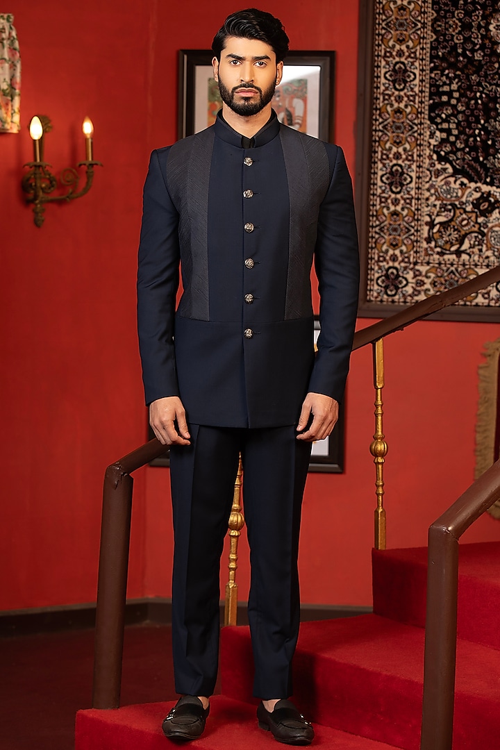 Blue Suiting Fabric Embroidered Bandhgala Set by Design O Stitch Men