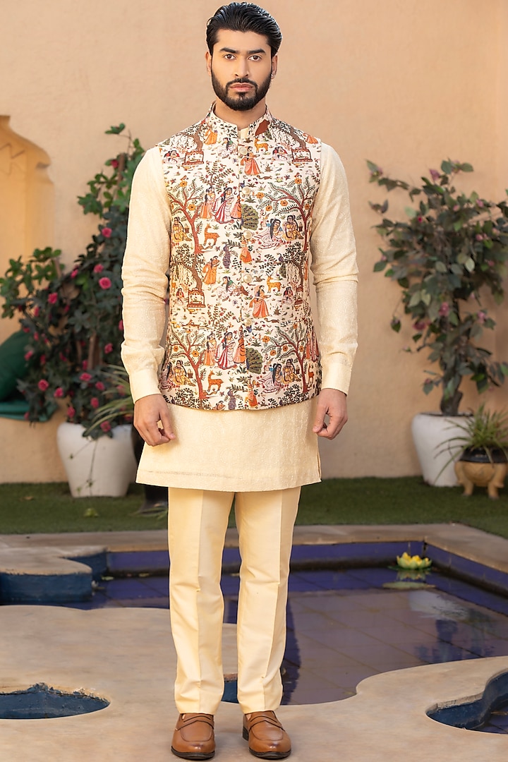 Cream Silk Printed & Embroidered Jawahar Jacket Set by Design O Stitch Men