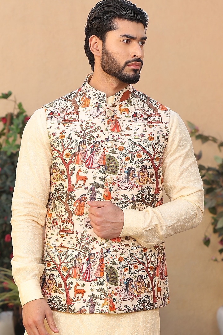 Cream Silk Printed & Embroidered Jawahar Jacket Set by Design O Stitch Men at Pernia's Pop Up Shop