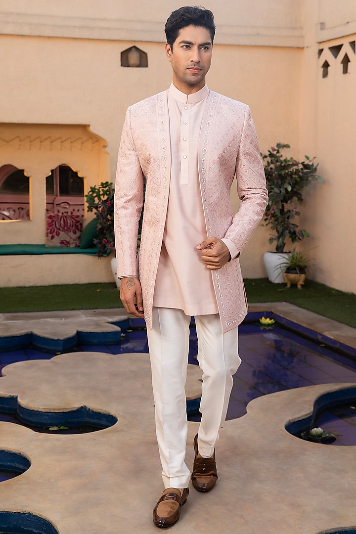 Pink Cotton Silk Hand Embroidered Indo Western Set by Design O Stitch Men