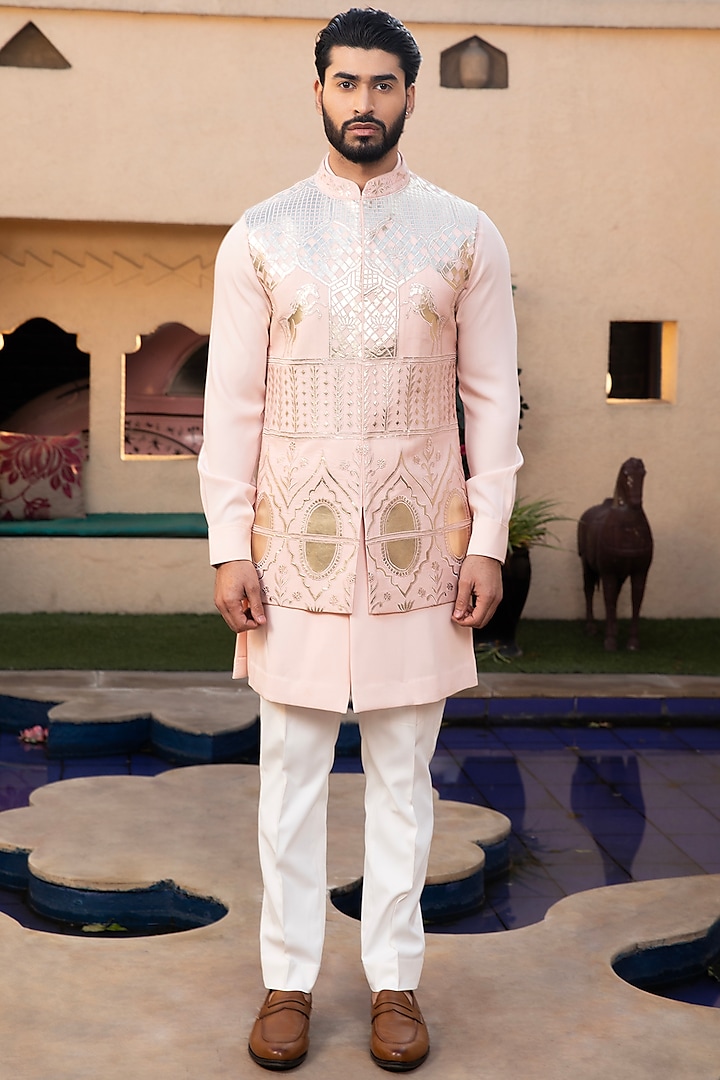 Pink Suiting Fabric Jawahar Jacket Set by Design O Stitch Men