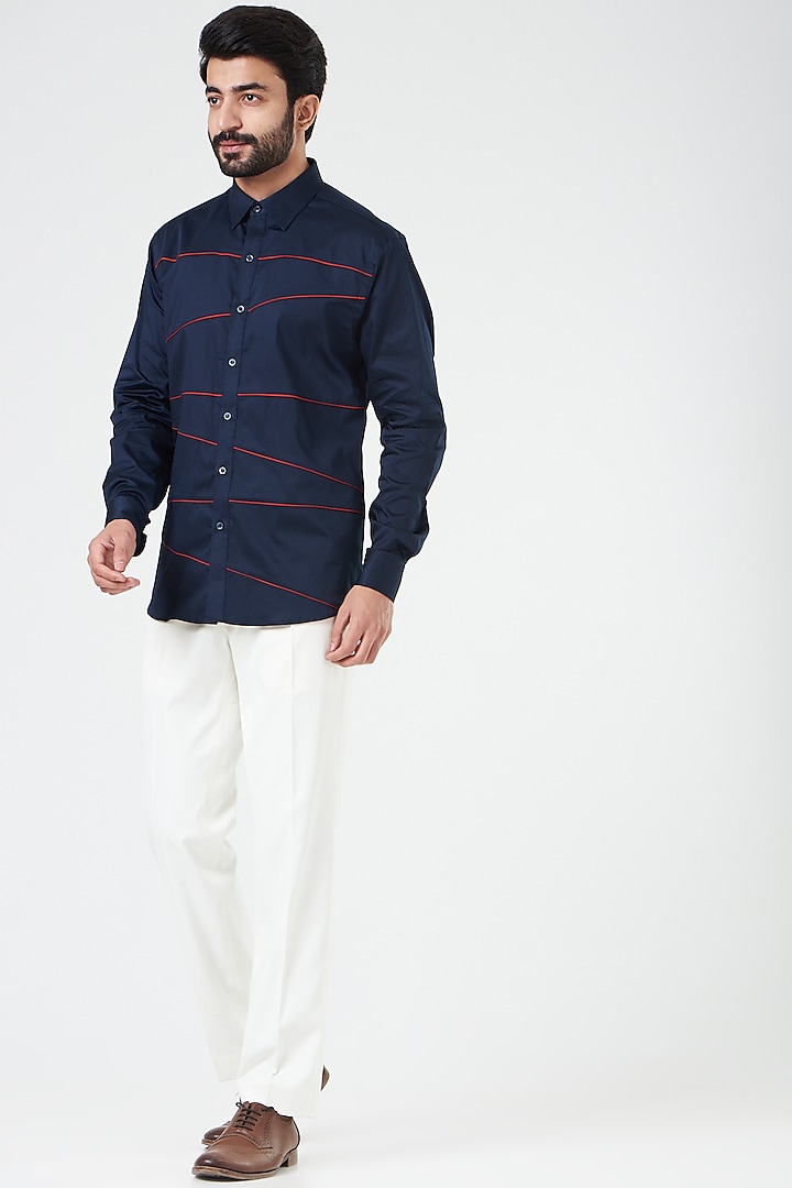 Navy Blue Cotton Shirt by Design O Stitch Men