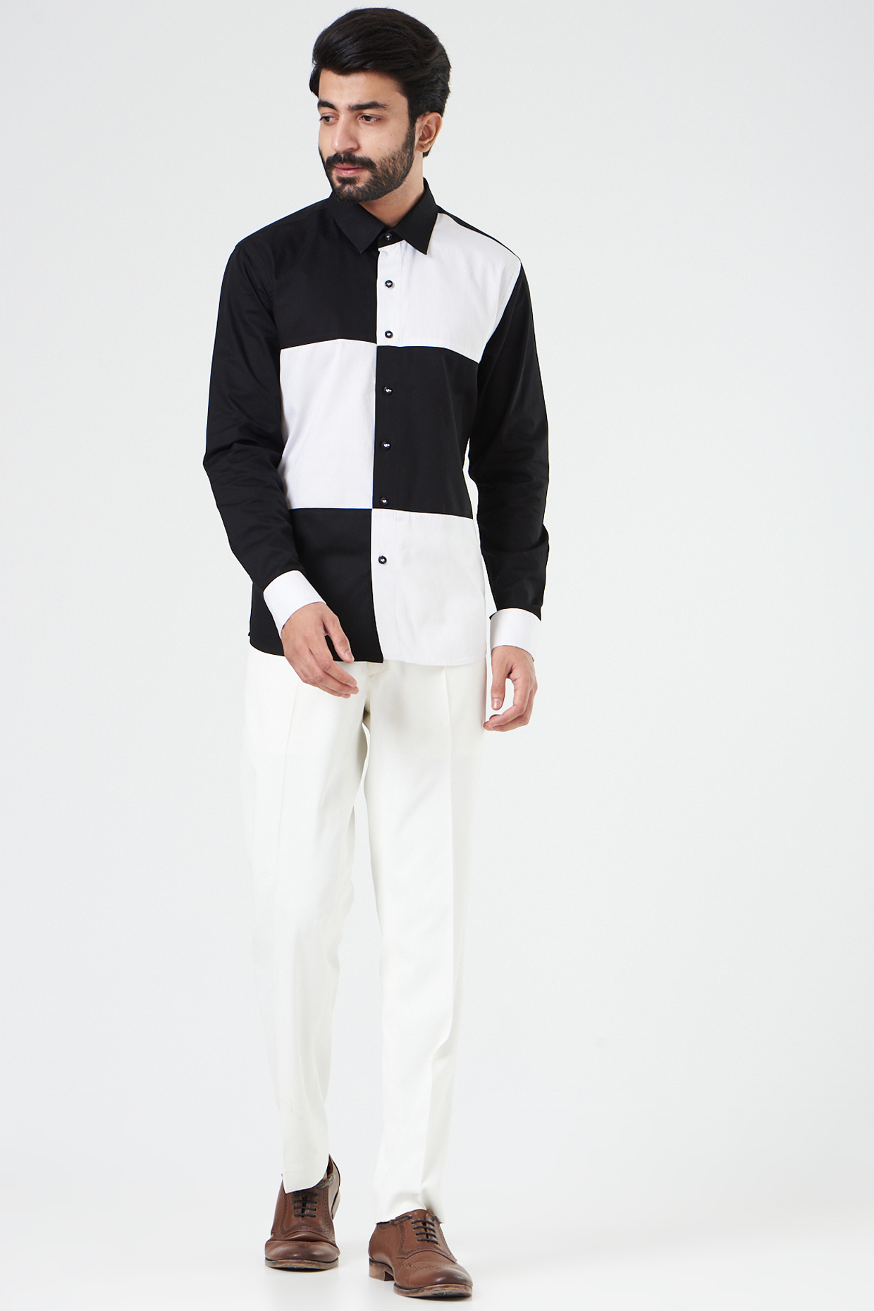 White & Black Cotton Checkered Printed Shirt by Design O Stitch Men