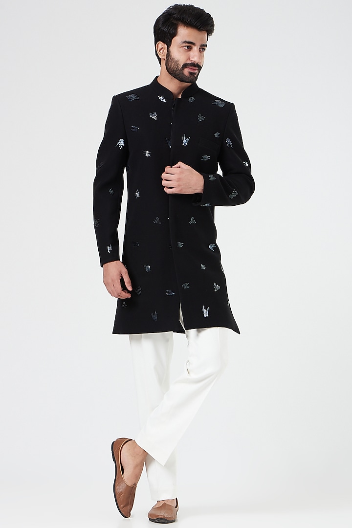 Black Suiting Indo Western Set by Design O Stitch Men
