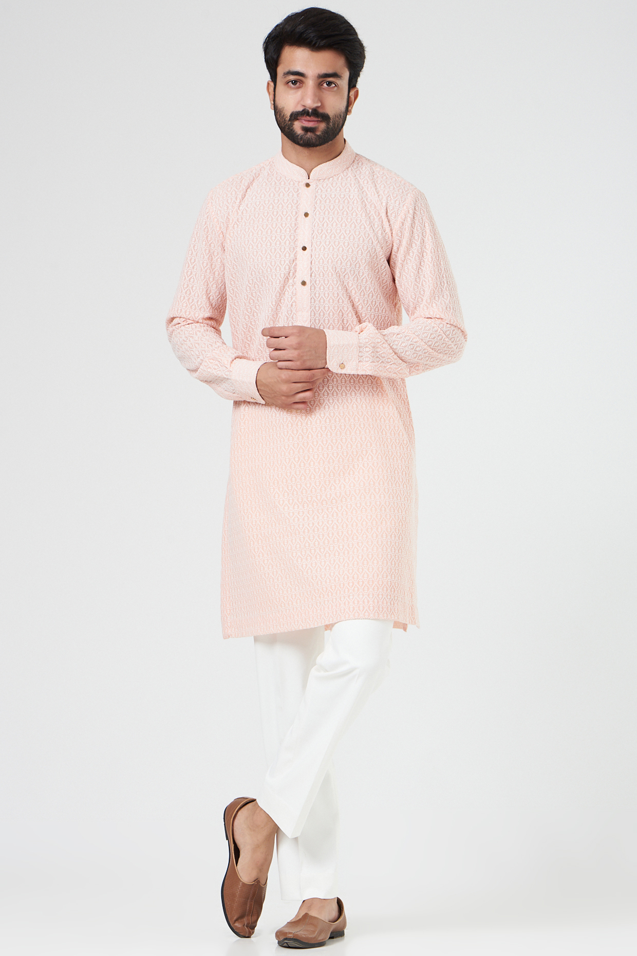 Peach Cotton Embrodered Kurta Set by Design O Stitch Men at Pernia's Pop Up Shop