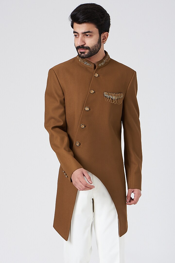 Brown Suiting Indo Western Set by Design O Stitch Men at Pernia's Pop Up Shop