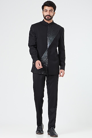 Black Suiting Bandhgala Set by Design O Stitch Men