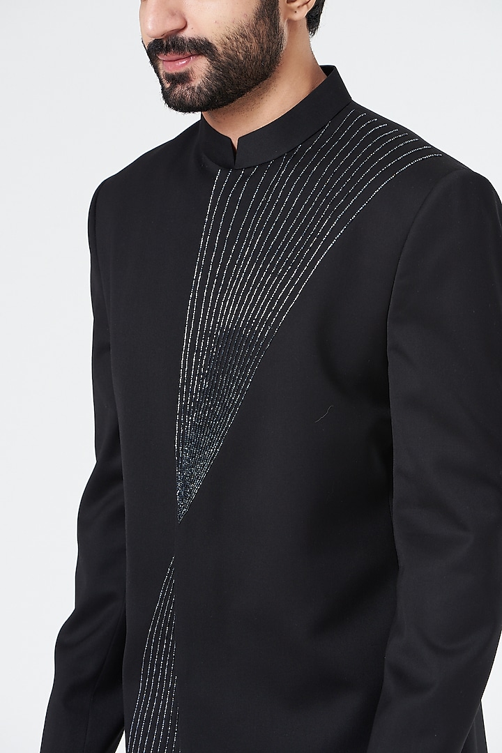 Black Suiting Wedding Bandhgala Set by Design O Stitch Men at Pernia's Pop Up Shop