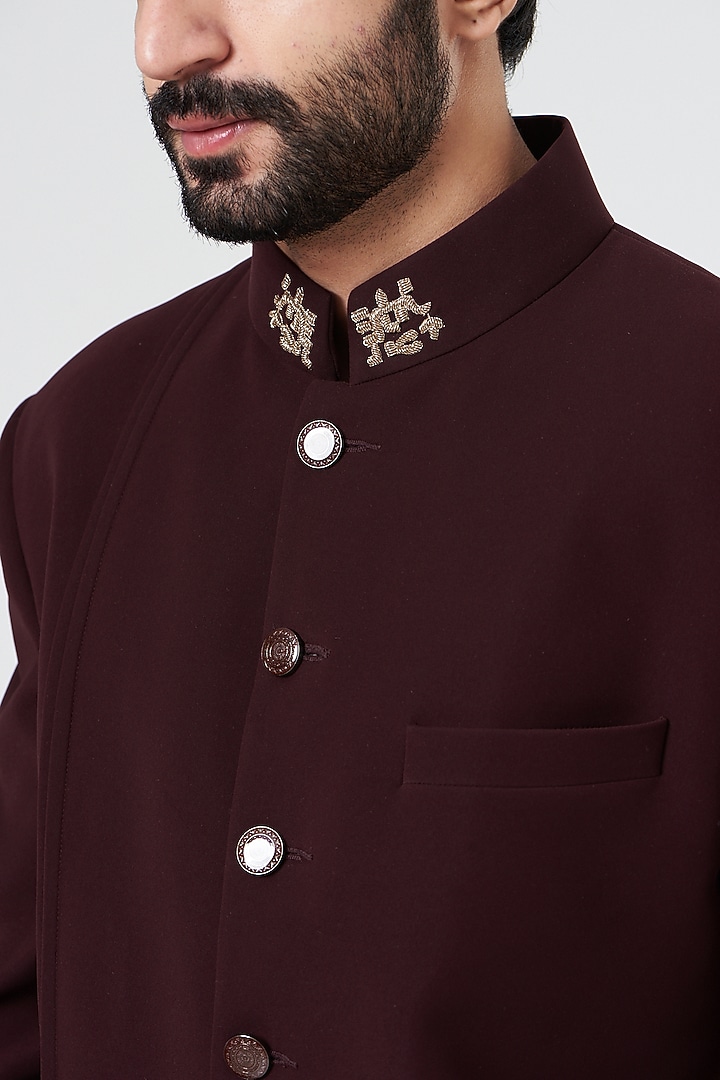 Wine Embroidered Wedding Bandhgala Set by Design O Stitch Men at Pernia's Pop Up Shop