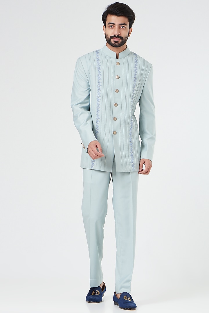 Sky Blue Embroidered Wedding Bandhgala Set by Design O Stitch Men at Pernia's Pop Up Shop