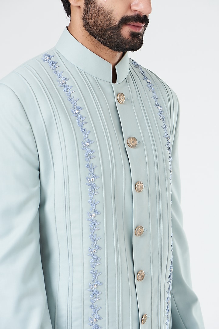 Sky Blue Embroidered Wedding Bandhgala Set by Design O Stitch Men at Pernia's Pop Up Shop