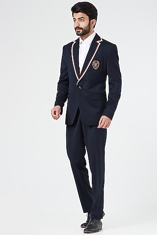 Dark Blue Embroidered Blazer Set by Design O Stitch Men