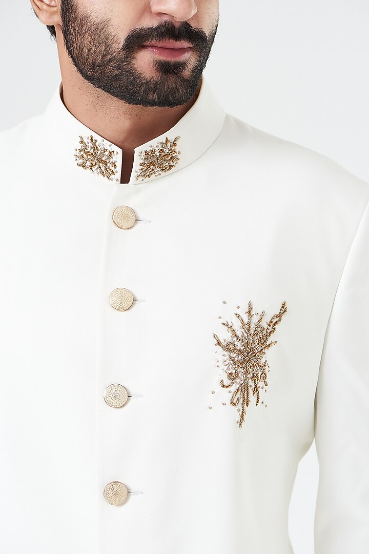 White Embroidered Wedding Bandhgala Set by Design O Stitch Men at Pernia's Pop Up Shop