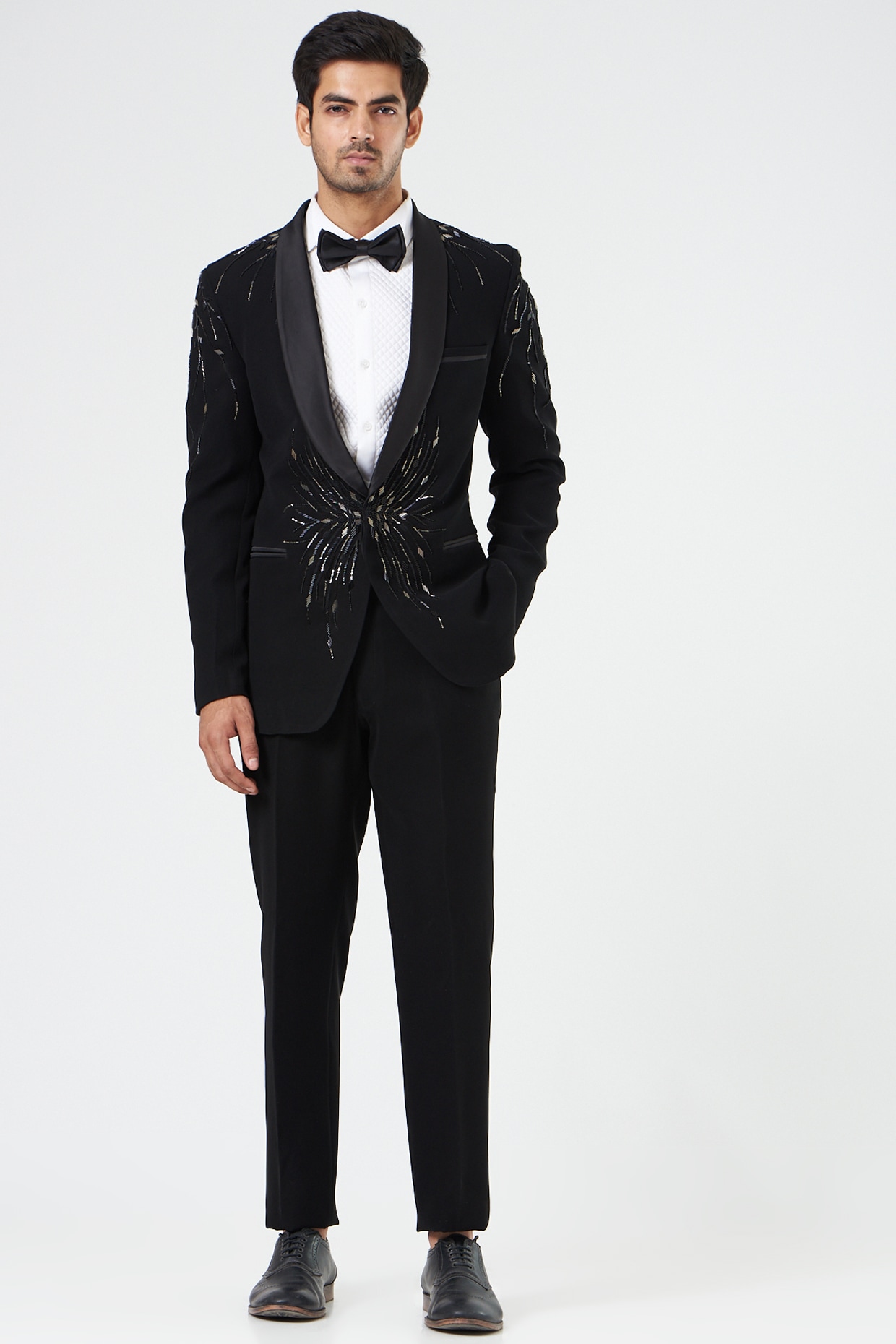 Black Embroidered Tuxedo Jacket by Design O Stitch Men at Pernia's