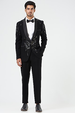 Black Embroidered Tuxedo Jacket by Design O Stitch Men