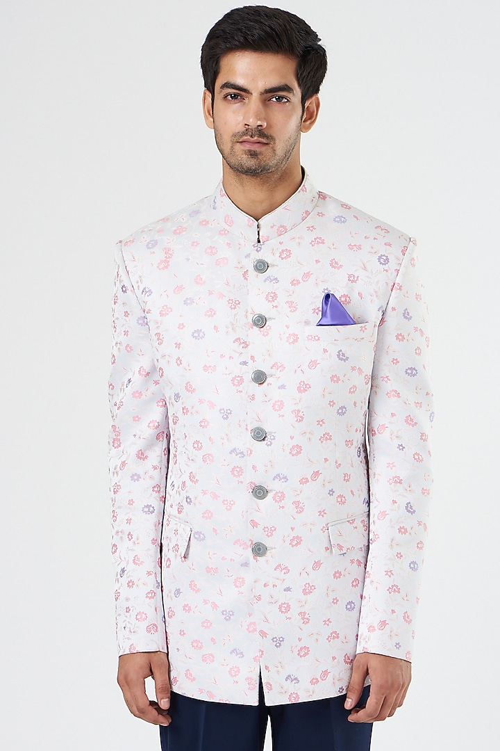 Sea Grey Brocade Bandhgala Jacket by Design O Stitch Men at Pernia's Pop Up Shop