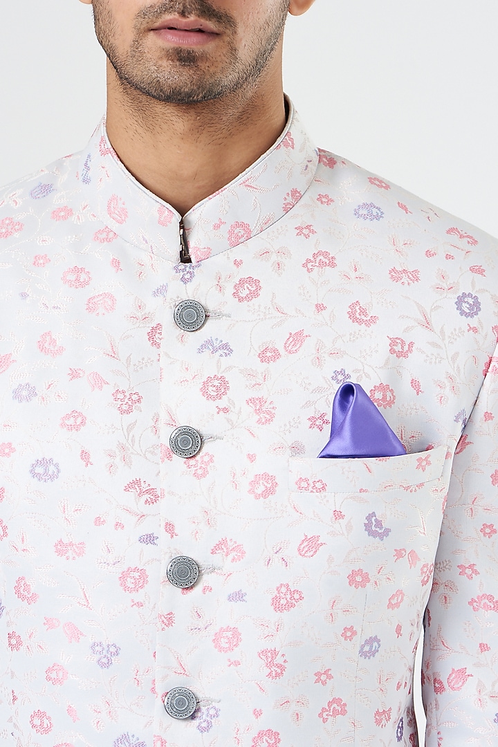 Sea Grey Brocade Bandhgala Jacket by Design O Stitch Men at Pernia's Pop Up Shop