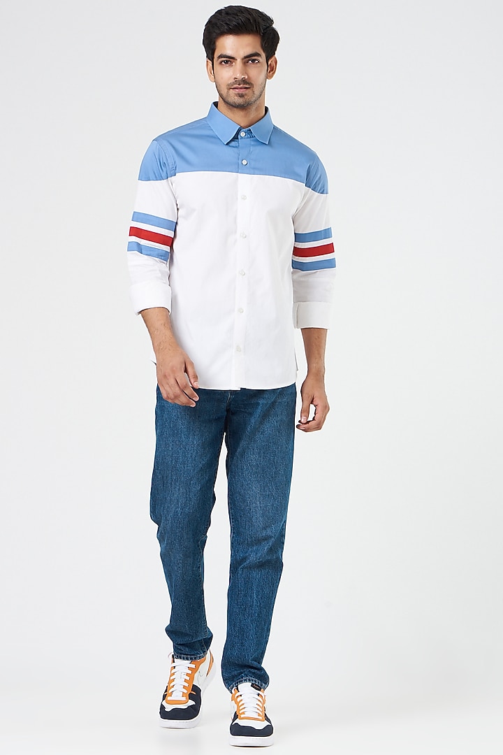 White & Blue Cotton Summer Shirt by Design O Stitch Men at Pernia's Pop Up Shop