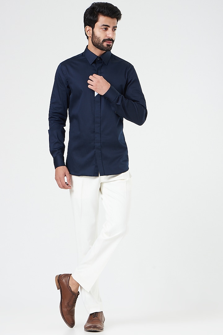 Navy Blue Cotton Shirt by Design O Stitch Men