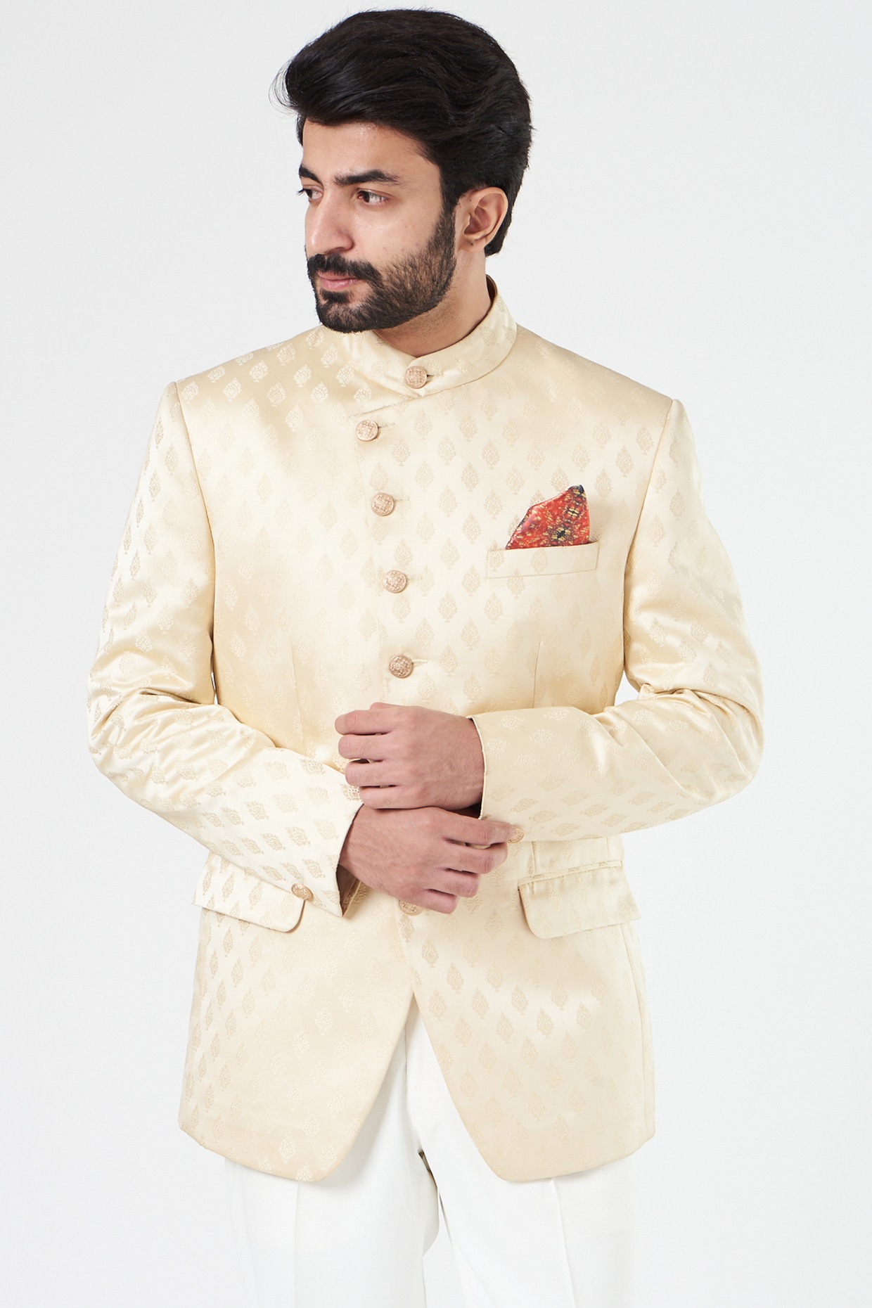 Beige Art Silk Jacquard Woven Bandhgala Jodhpuri Suit 354MW09