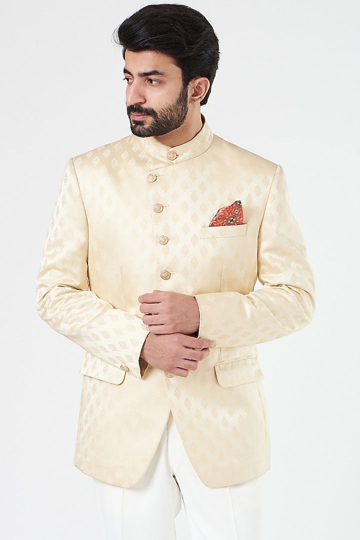 Beige Brocade Bandhgala Jacket by Design O Stitch Men at Pernia's Pop Up Shop