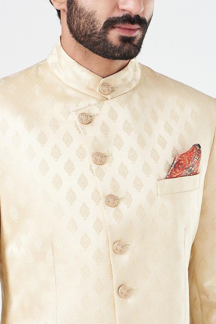 Beige Brocade Bandhgala Jacket by Design O Stitch Men at Pernia's Pop Up Shop