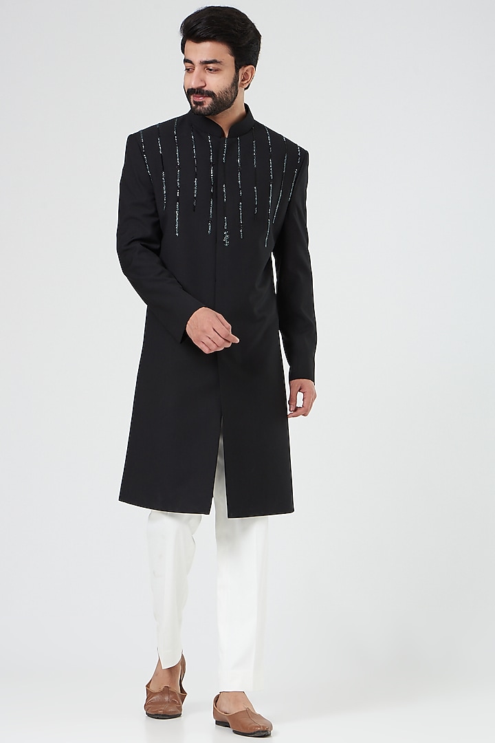 Black Embroidered Indo Western Jacket set by Design O Stitch Men