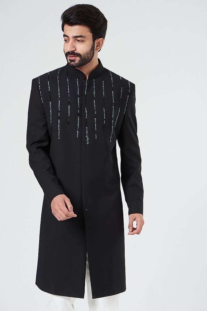 Black Embroidered Indo Western Jacket set by Design O Stitch Men at Pernia's Pop Up Shop