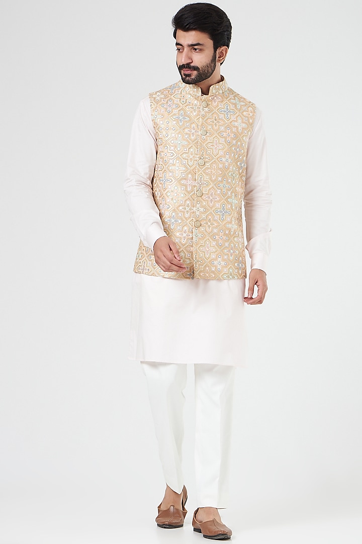 Beige Silk Embroidered Nehru Jacket by Design O Stitch Men