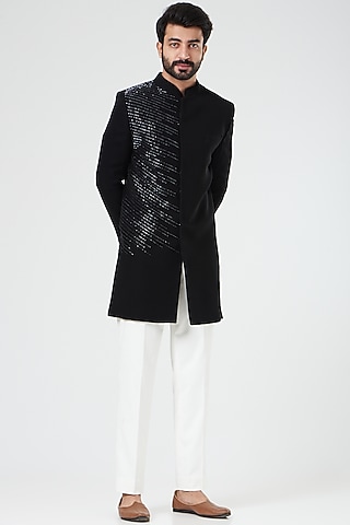 Black Hand Embroidered Indo Western Jacket set by Design O Stitch Men