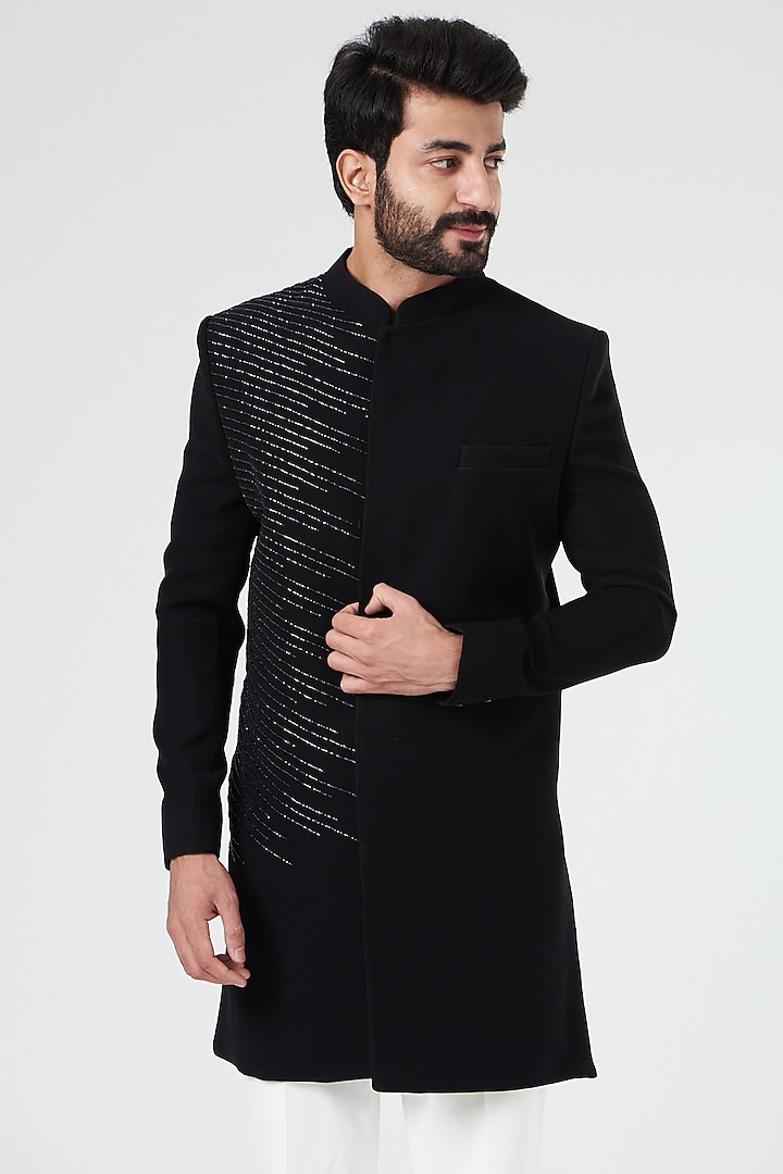 Black Hand Embroidered Indo Western Jacket set by Design O Stitch Men at Pernia's Pop Up Shop