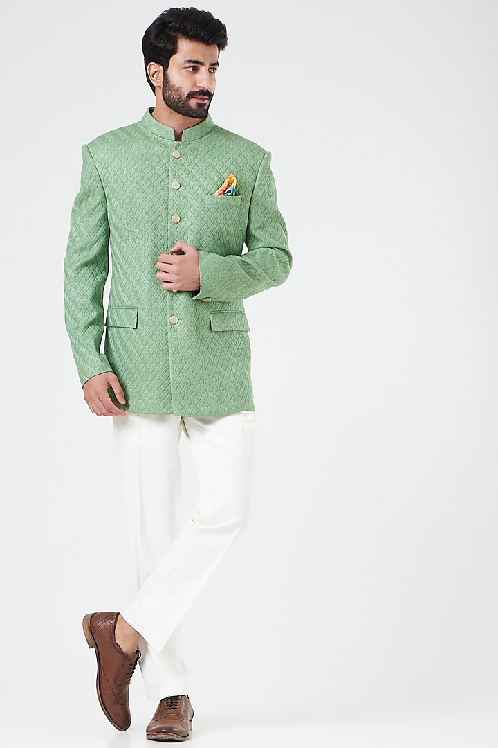 Green Suiting Bandhgala Jacket by Design O Stitch Men