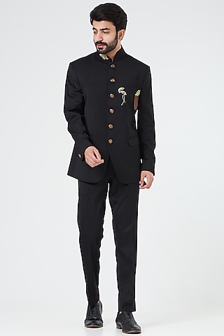 Black Bandhgala Set With Embroidery by Design O Stitch Men
