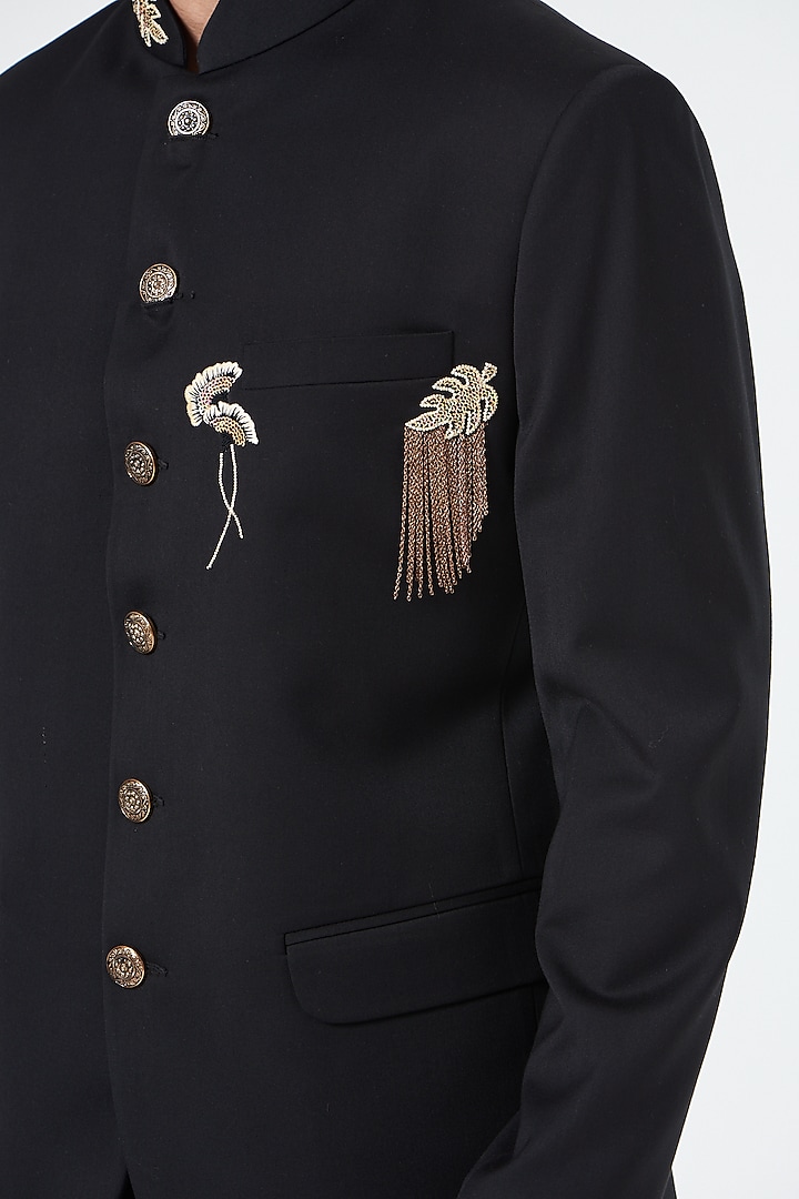 Black Wedding Bandhgala Set With Embroidery by Design O Stitch Men at Pernia's Pop Up Shop