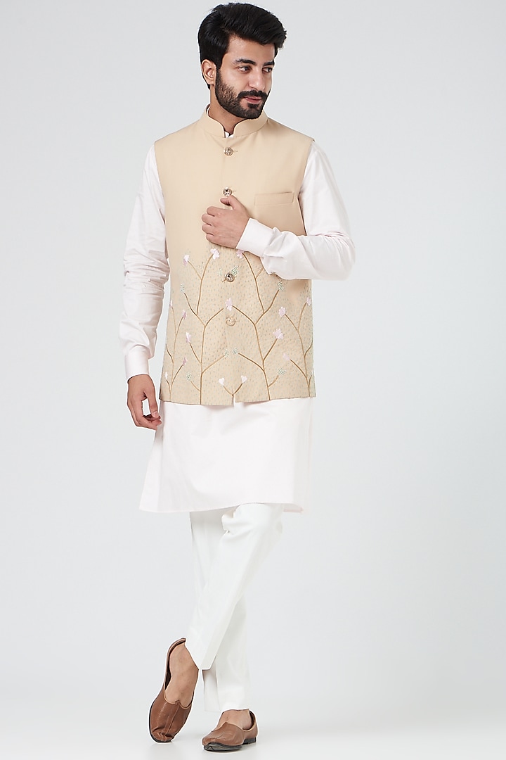 Beige Nehru Jacket With Hand Embroidery by Design O Stitch Men