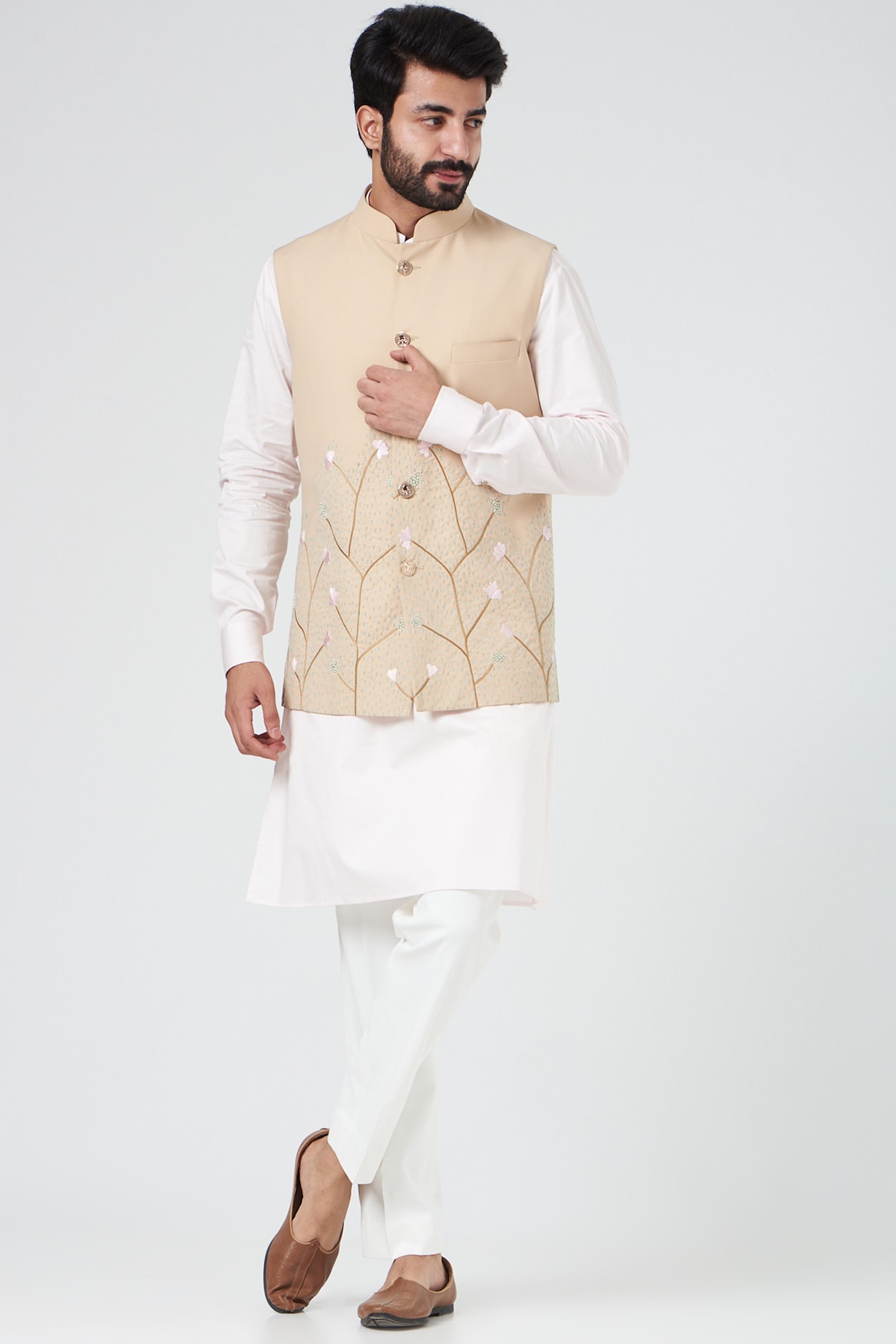 Beige Nehru Jacket With Hand Embroidery by Design O Stitch Men at