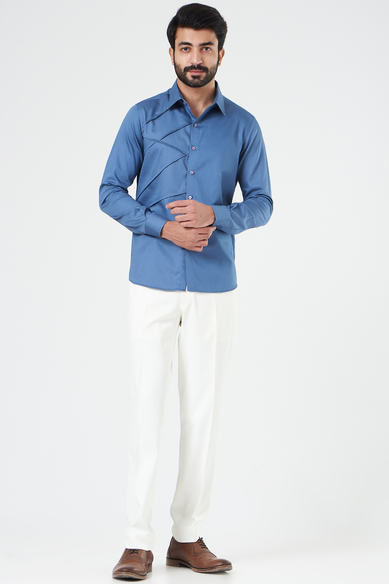 Blue Cotton Pleated Shirt by Design O Stitch Men