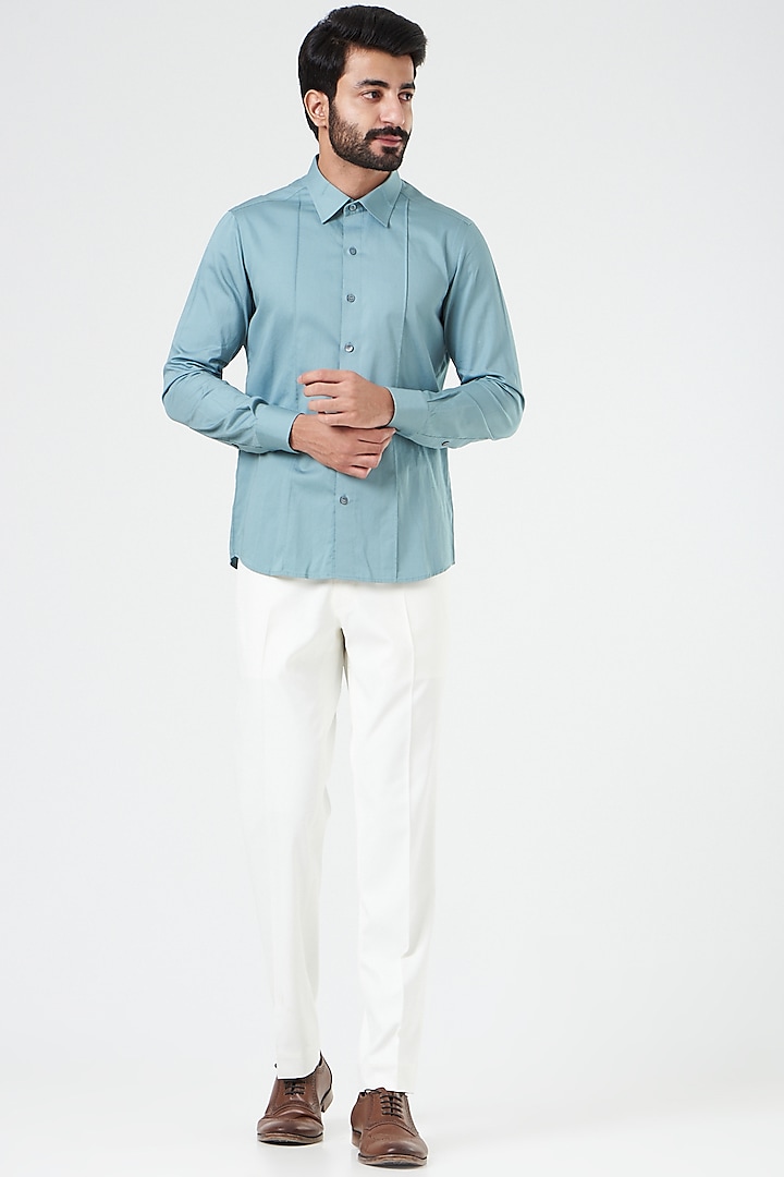 Aqua Green Cotton Shirt by Design O Stitch Men