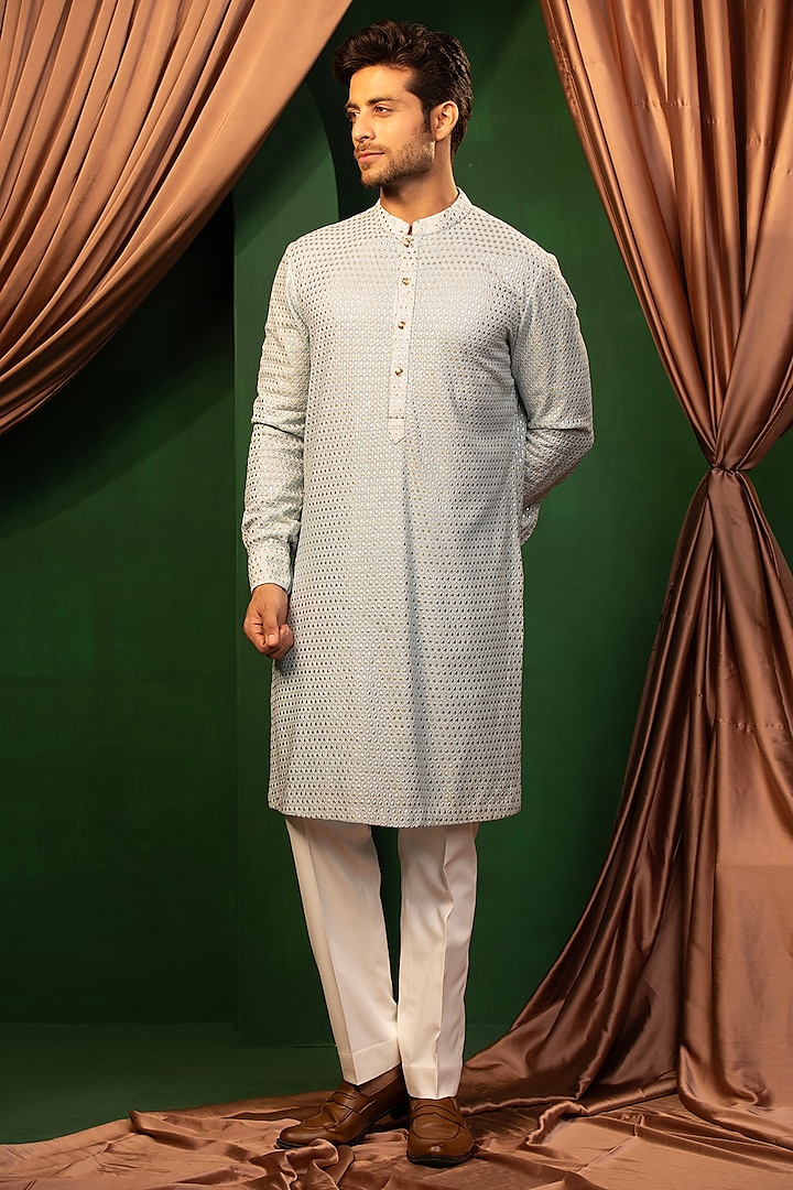 Sky Blue Sequins Embroidered Kurta Set by Design O Stitch Men