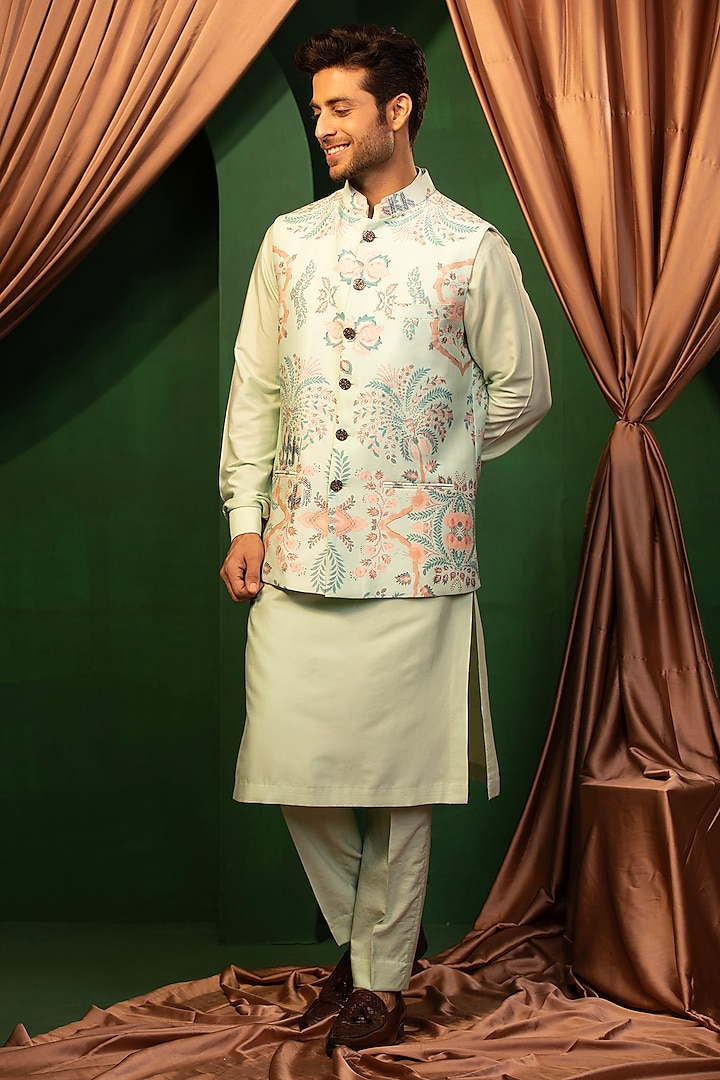 Sky Blue Silk Bead Embroidered & Digital Printed Nehru Jacket Set by Design O Stitch Men