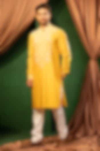 Yellow Silk Thread Embroidered Kurta Set by Design O Stitch Men