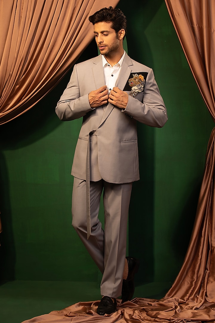 Grey Suiting Hand Embroidered Tuxedo Set by Design O Stitch Men