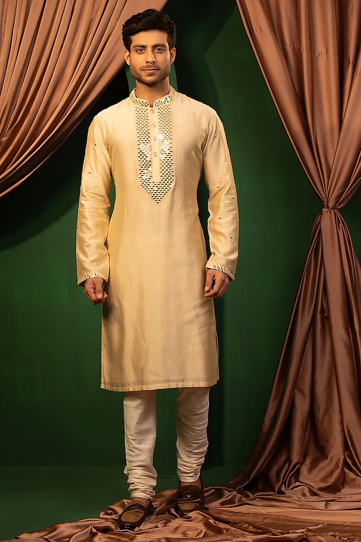 Cream Silk Mirror Embroidered Kurta Set by Design O Stitch Men