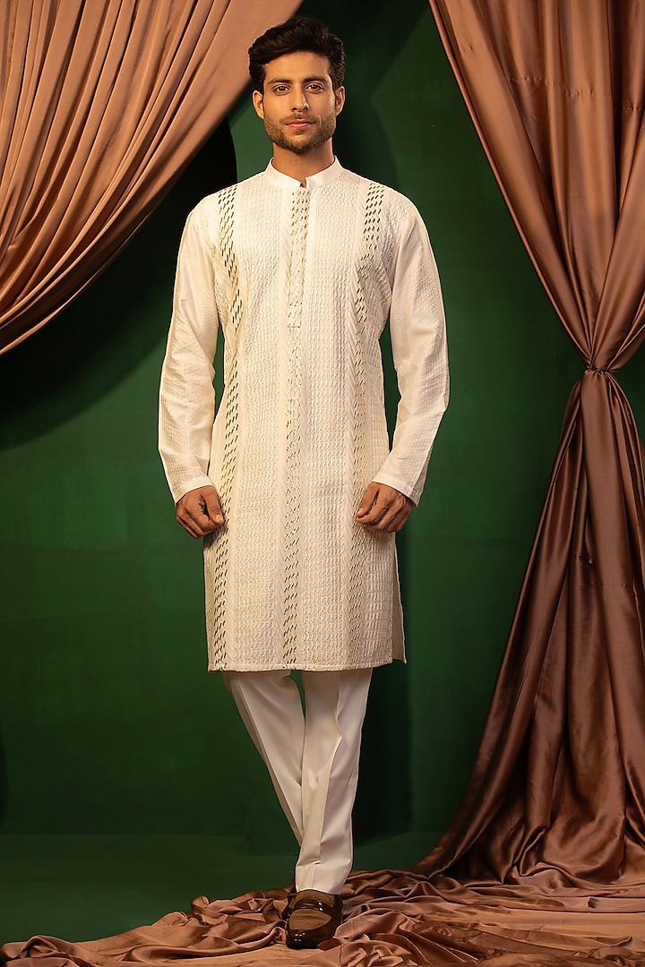 White Silk Gota & Dori Hand Embroidered Kurta Set by Design O Stitch Men