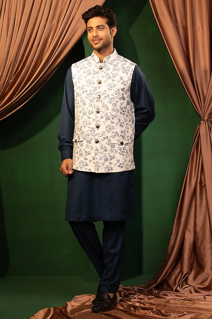 White Suiting Embroidered & Digital Printed Jawahar Jacket Set by Design O Stitch Men