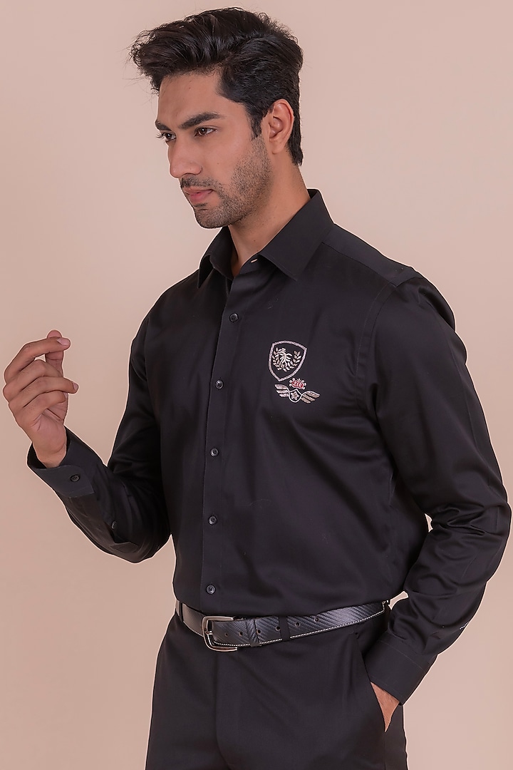 Black Cotton Hand & Machine Embroidered Shirt by Design O Stitch Men at Pernia's Pop Up Shop